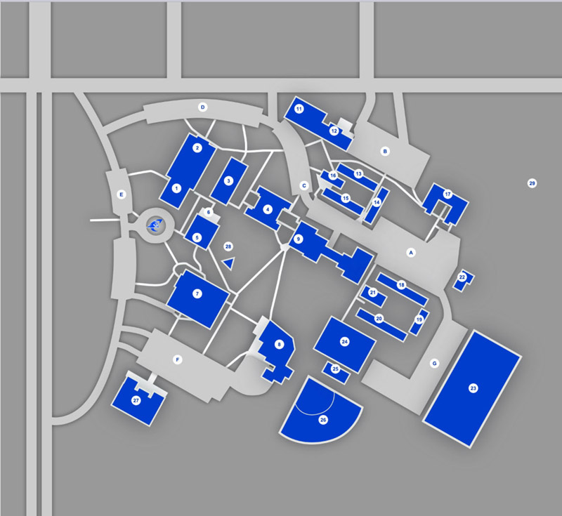 Campus map identifying landmarks by numbers.