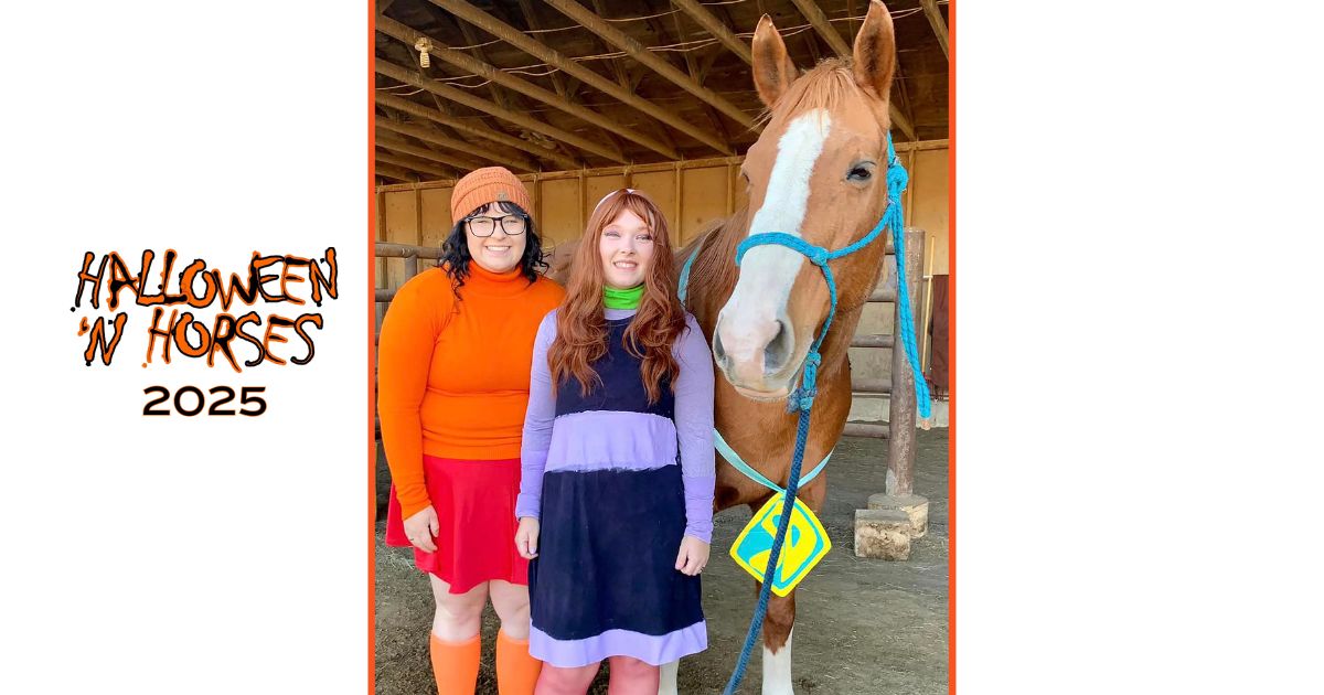 A horse dressed as Scooby Doo with students dressed as Daphne and Velma