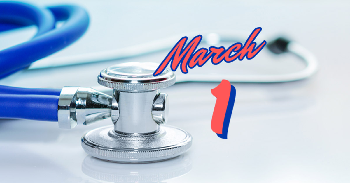 Blue stethoscope next to text that reads "March 1."