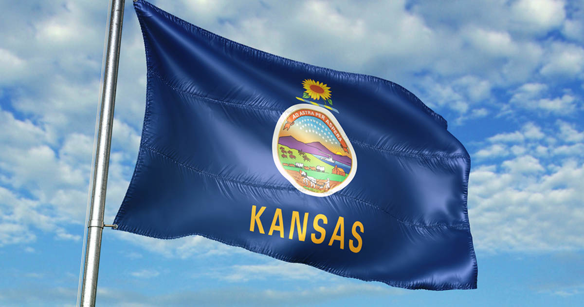 The flag of Kansas atop a poll waving in the wind against a blue sky.